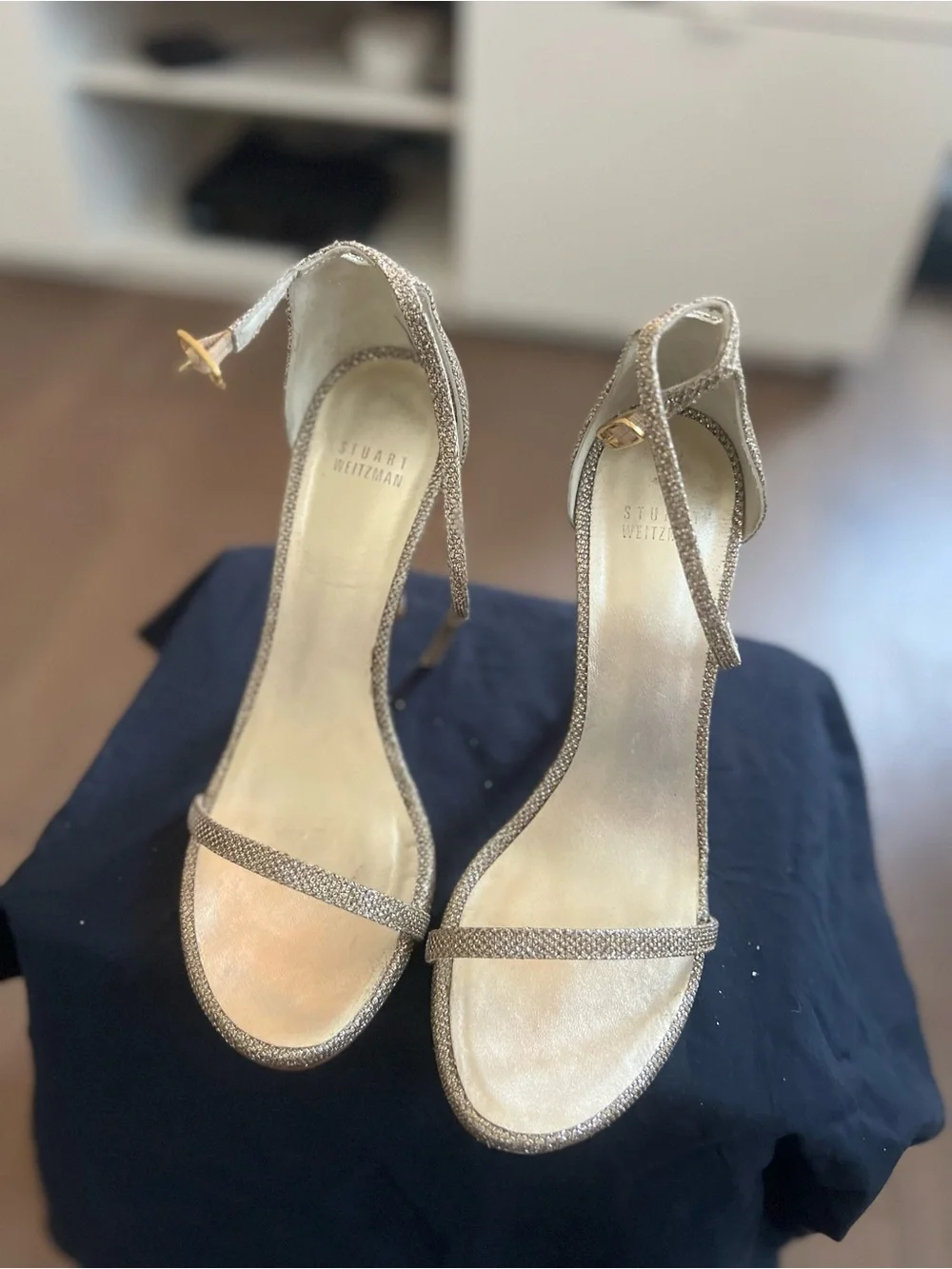 Stuart Weitzman Metallic Gold Ankle-Strap Stilettos - YOUR NEXT RED CARPER SHOE